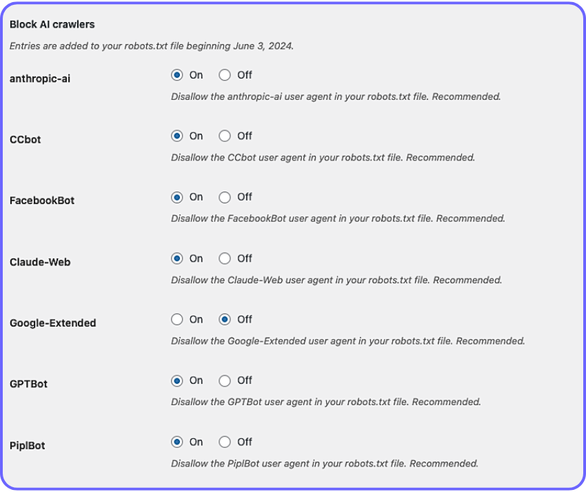 Block AI Crawlers plugin settings.png