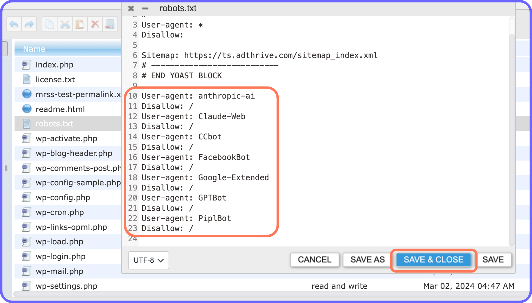 WP File Manager robots.txt editor.png