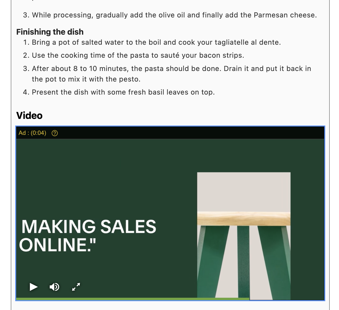 video player in recipe card